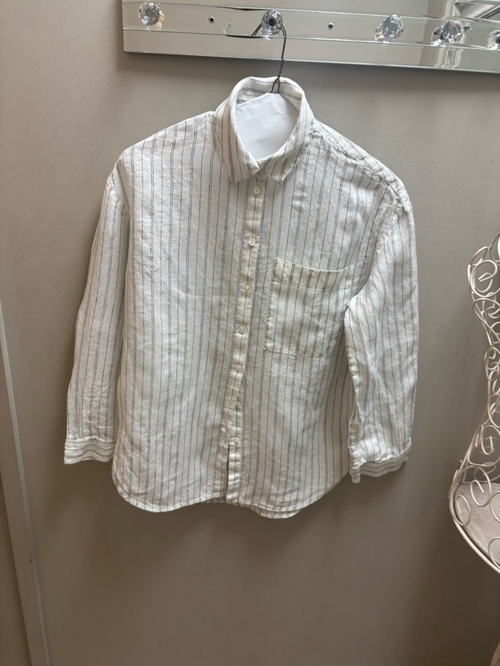 Womens White Linen-Blend Striped Button-Up Shirt